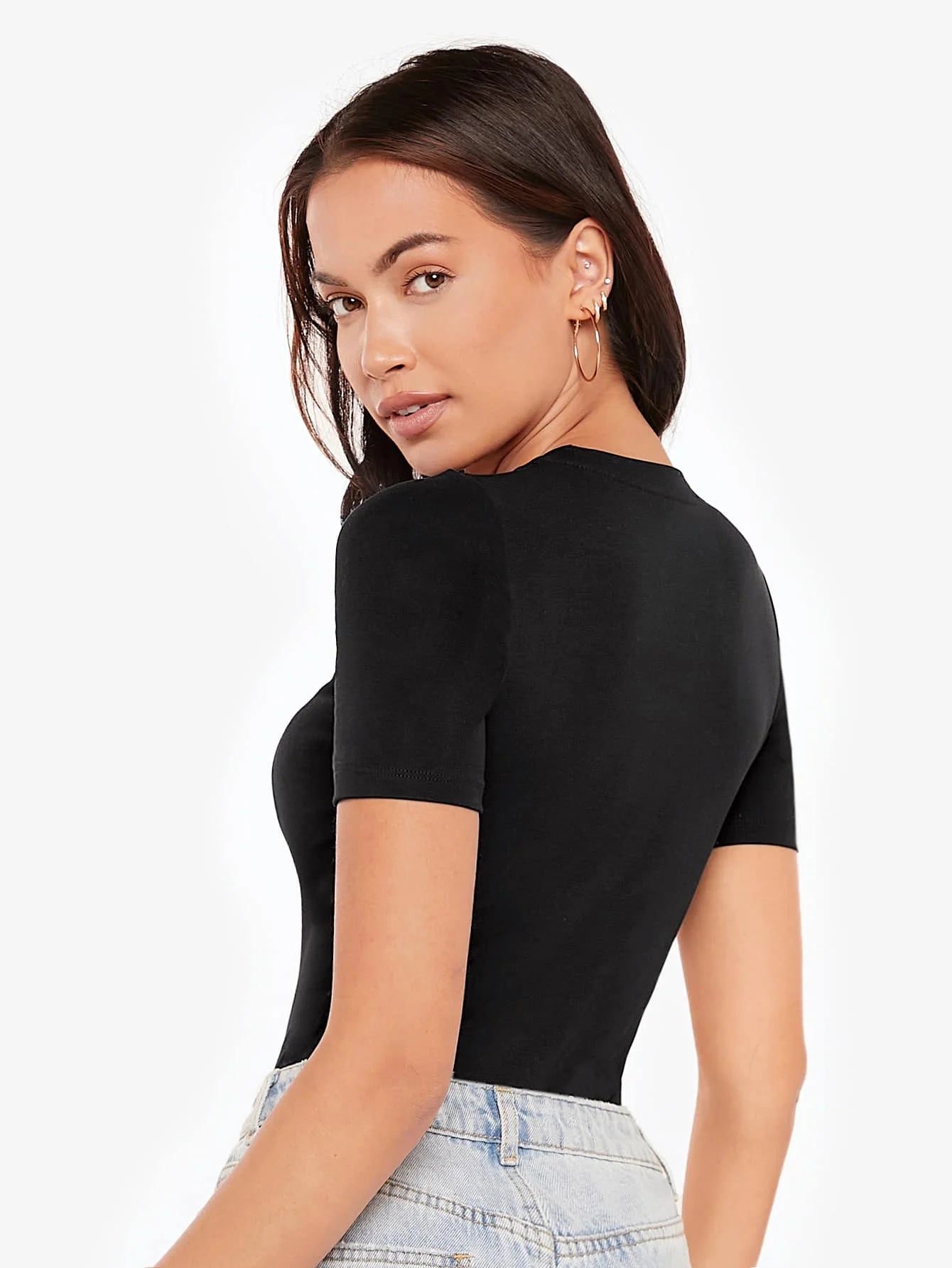 SHEIN BASICS Solid Form Fitted Bodysuit Simple Fashion Daily Casual Summer Outfit For Women