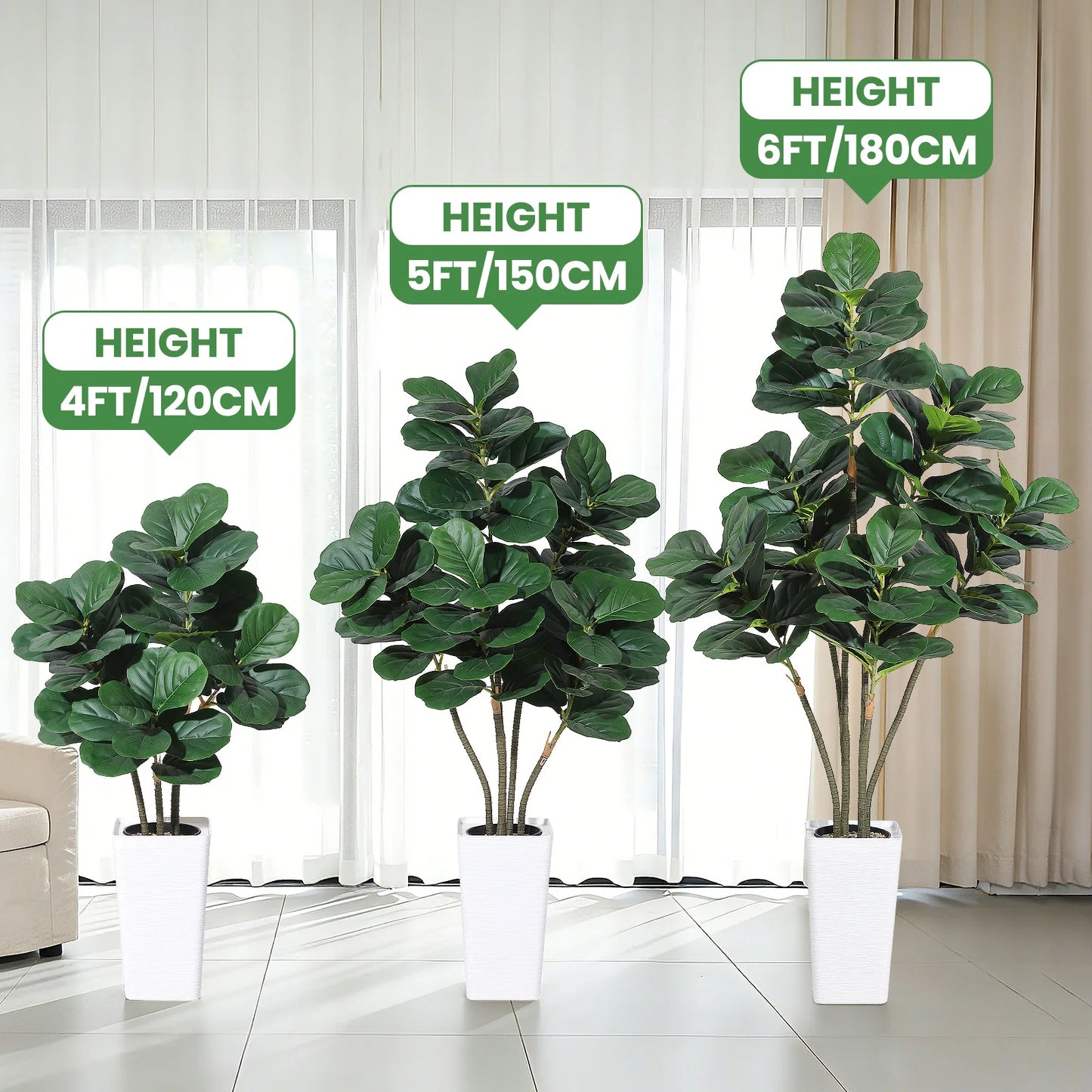 Artificial Fiddle Leaf Tree,Faux Plant Fake Ficus Lyrata Silk Trees with White Planter,Artificial Fig Trees Floor Plants