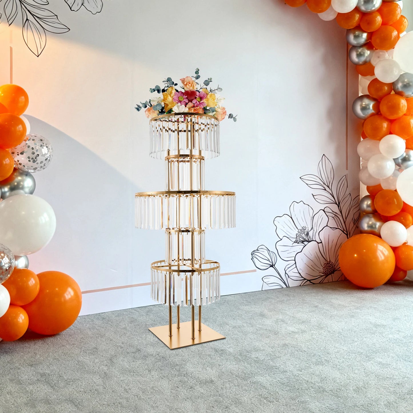 5 Tiers Round Flower Stand 43.3in Height Wedding Centerpieces Flower Stand for Coffee Shop, Hotel, Aisle Road Guide, Golden