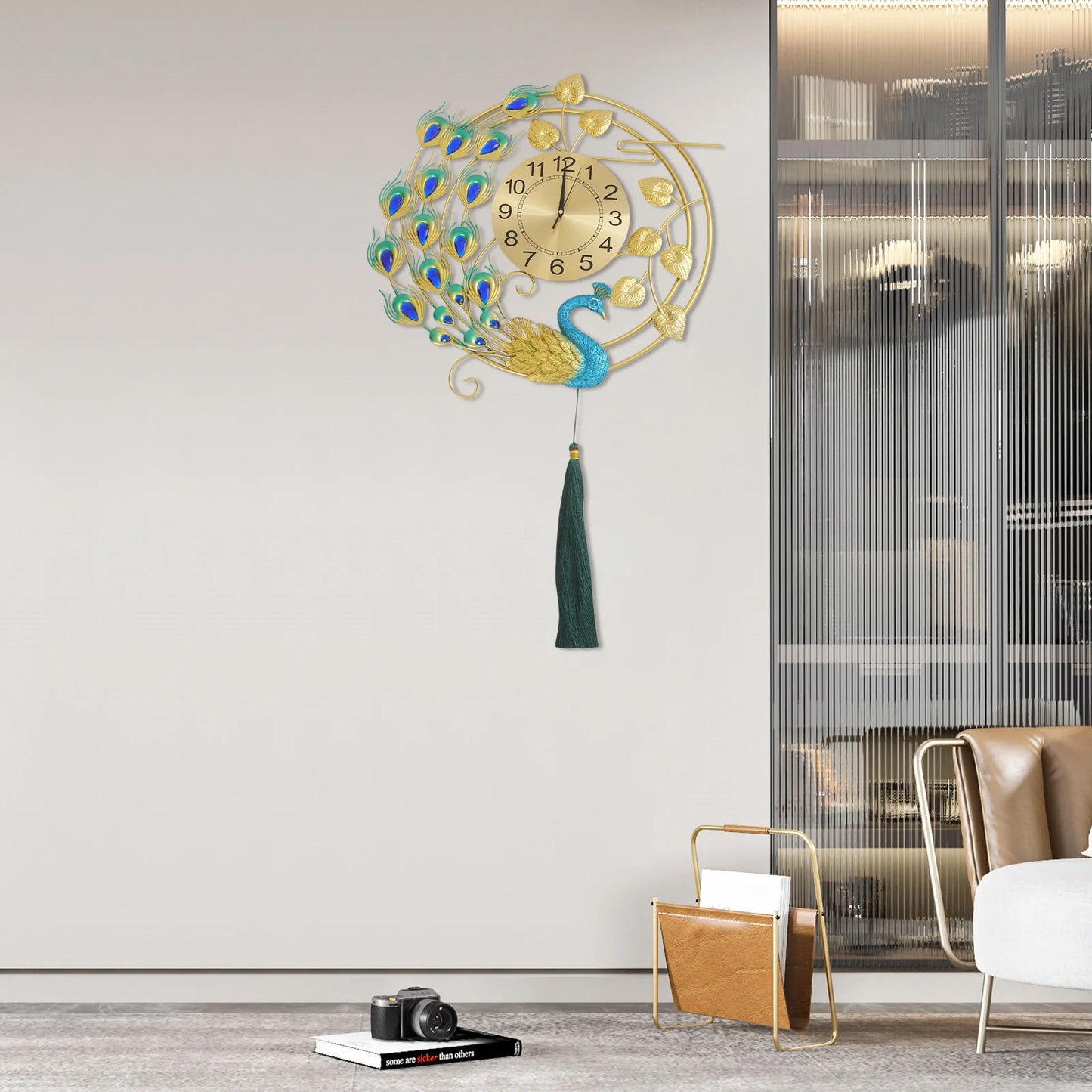 Peacock Metal Wall Clock,Gold Blue Wall-mounted Silent Art Wall Clock 58*100cm for Decoration Bedrooms