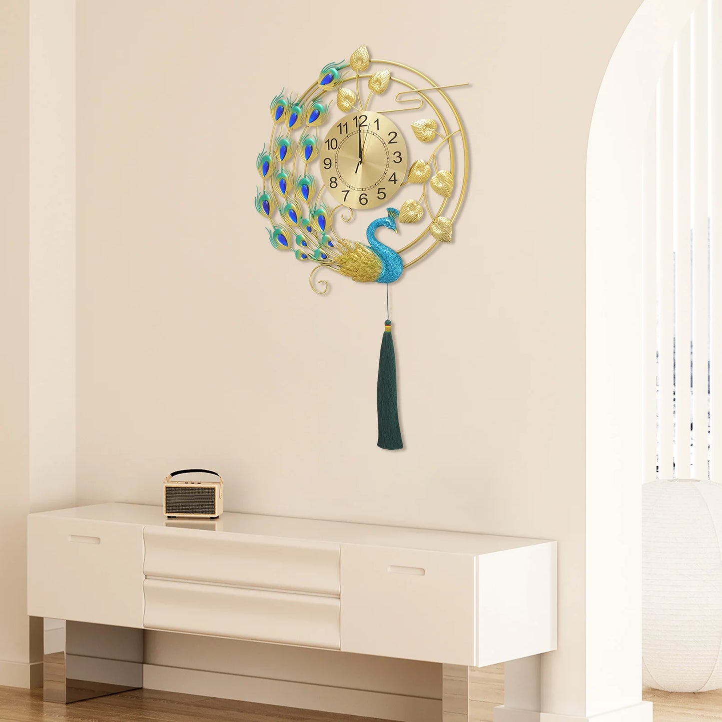 Peacock Metal Wall Clock,Gold Blue Wall-mounted Silent Art Wall Clock 58*100cm for Decoration Bedrooms