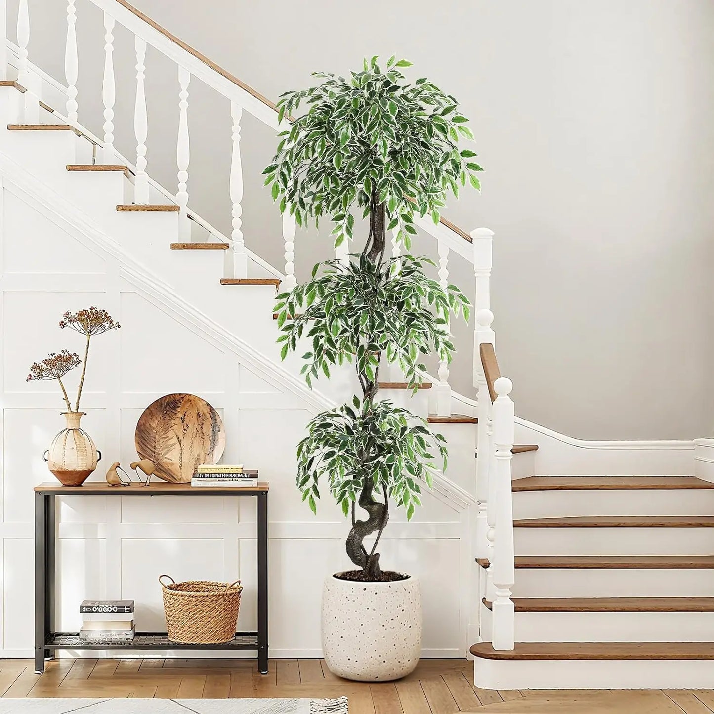 Artificial Ficus Tree Indoor Outdoor Fake Ficus Tree with Pebbles & Green Fake Moss, Pot Faux Tree for Office Home Decor