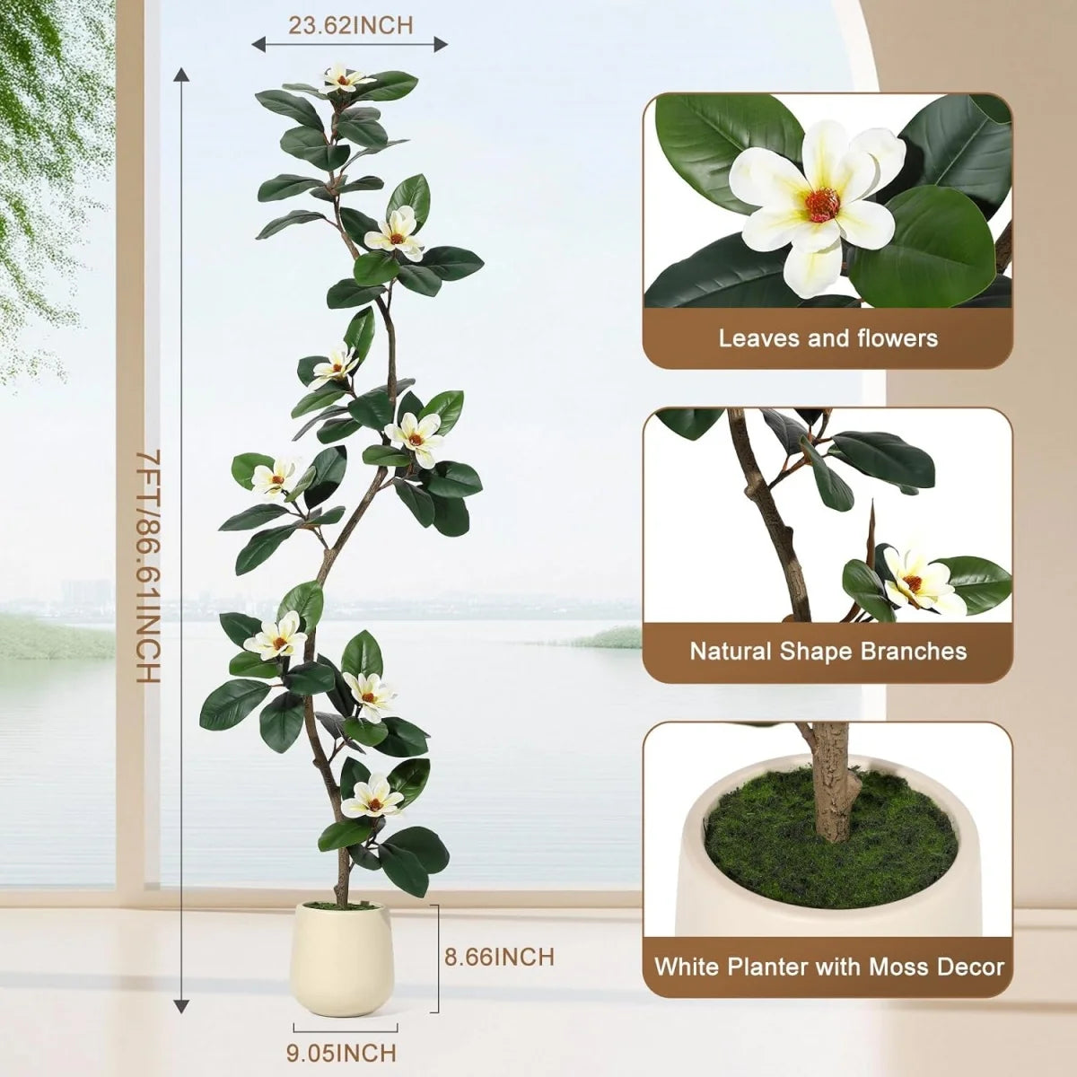 5/6/7 FT Artificial Tree in Planter Pot,Faux Plants Indoor Faux Floor Plant Artificial Plants with Magnolia Flowers for Home