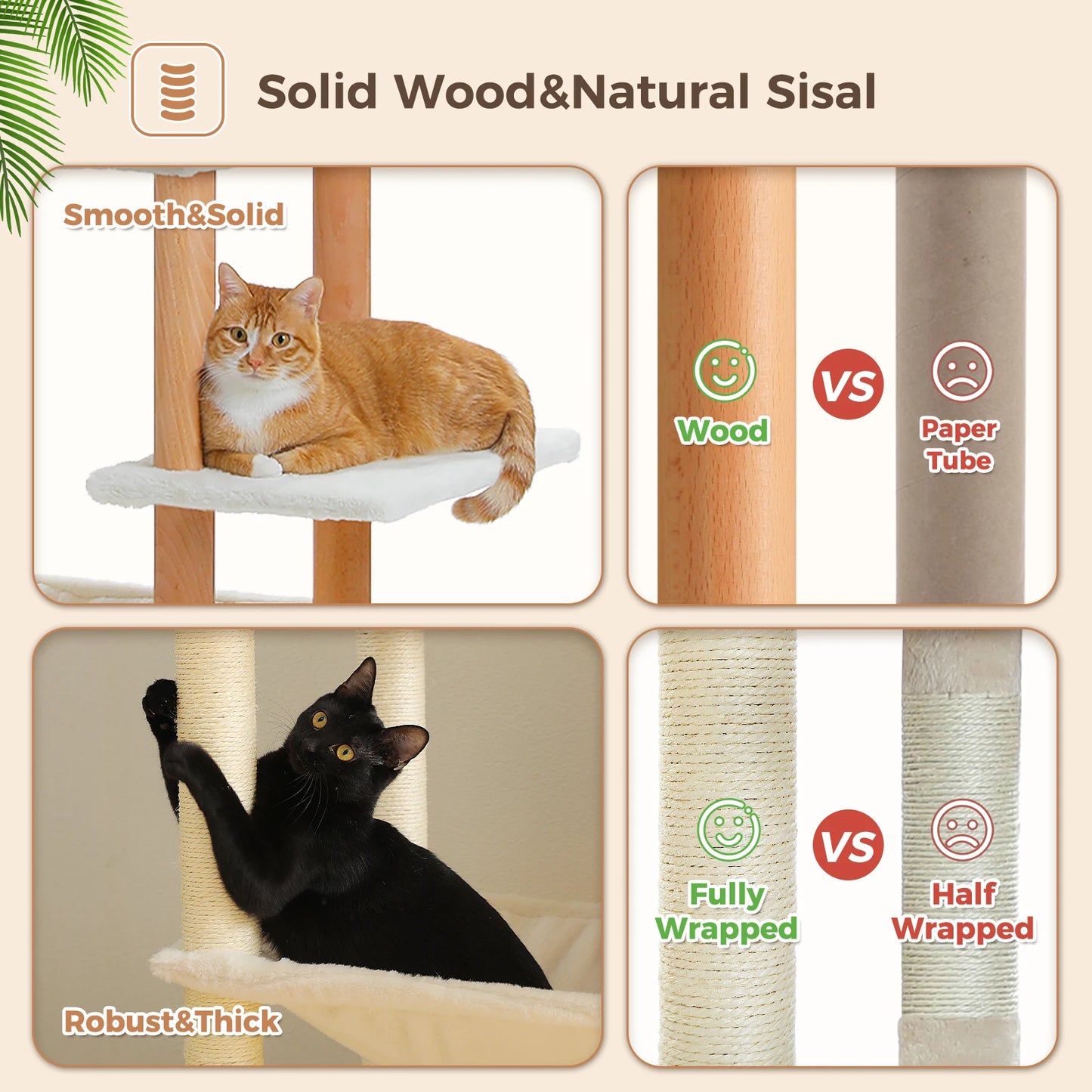 Multi-Level Cat Tree for Indoor Cats Tall Wooden Cat Tower with Sisal Scratching Post Spacious Hammocks Large Cat Condo Cat Toys