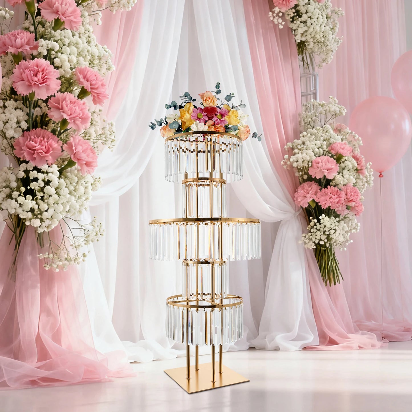 5 Tiers Round Flower Stand 43.3in Height Wedding Centerpieces Flower Stand for Coffee Shop, Hotel, Aisle Road Guide, Golden