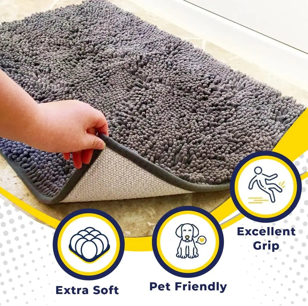 Super Absorbent Microfiber Dog Door Mat for Muddy Paws,Non-Slip Washable Pet Rug, Quick Dry Chenille Entryway Carpet, Grey 24x35