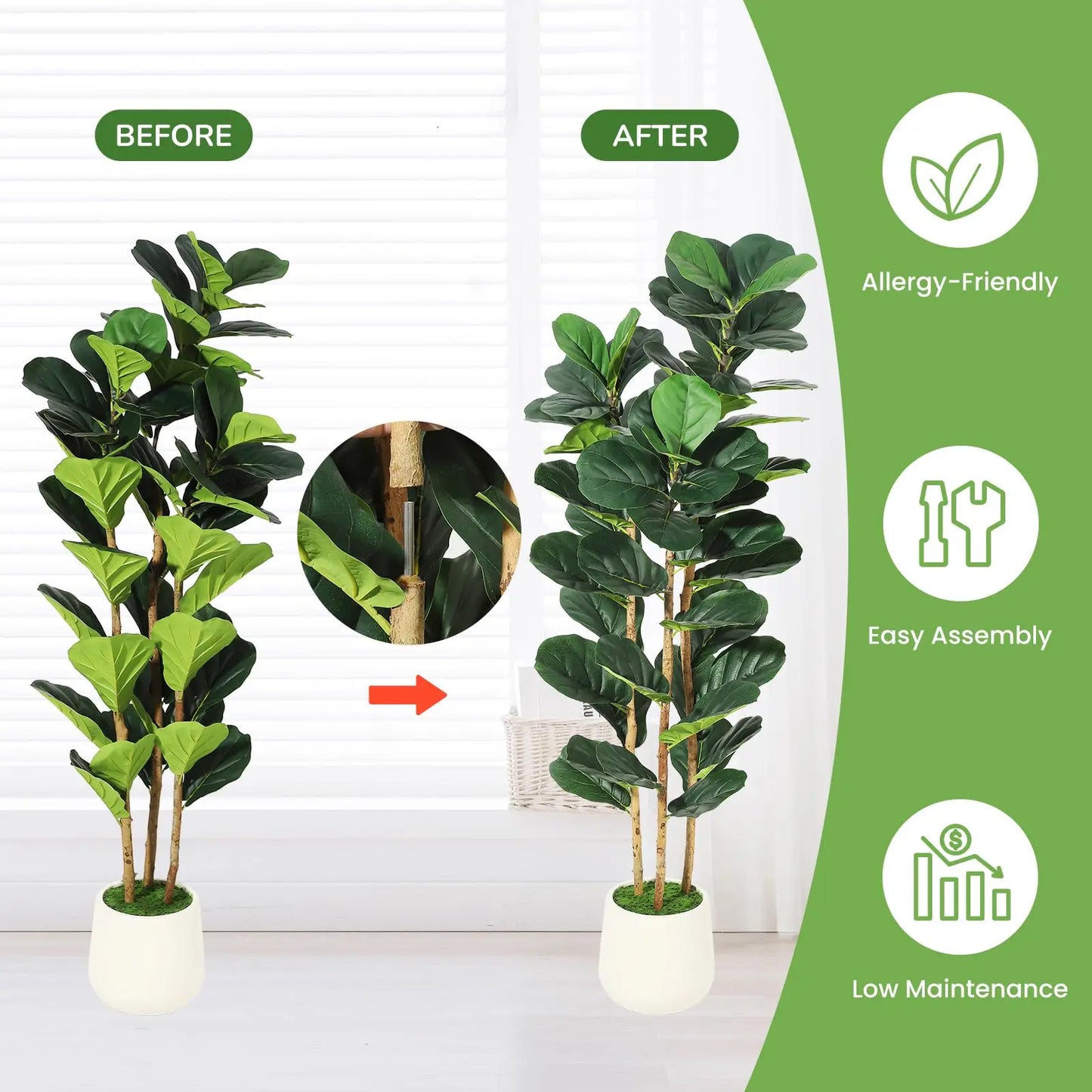 5FT/7FT Artificial Fiddle Leaf Fig Tree With White Planter, Tall Fake Floor Plant Large Faux Indoor Tree For Home Office Decor