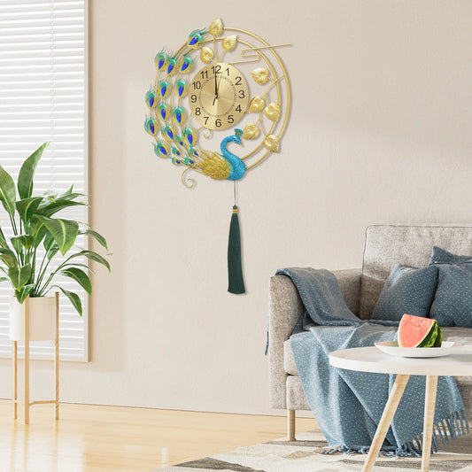 Peacock Metal Wall Clock,Gold Blue Wall-mounted Silent Art Wall Clock 58*100cm for Decoration Bedrooms