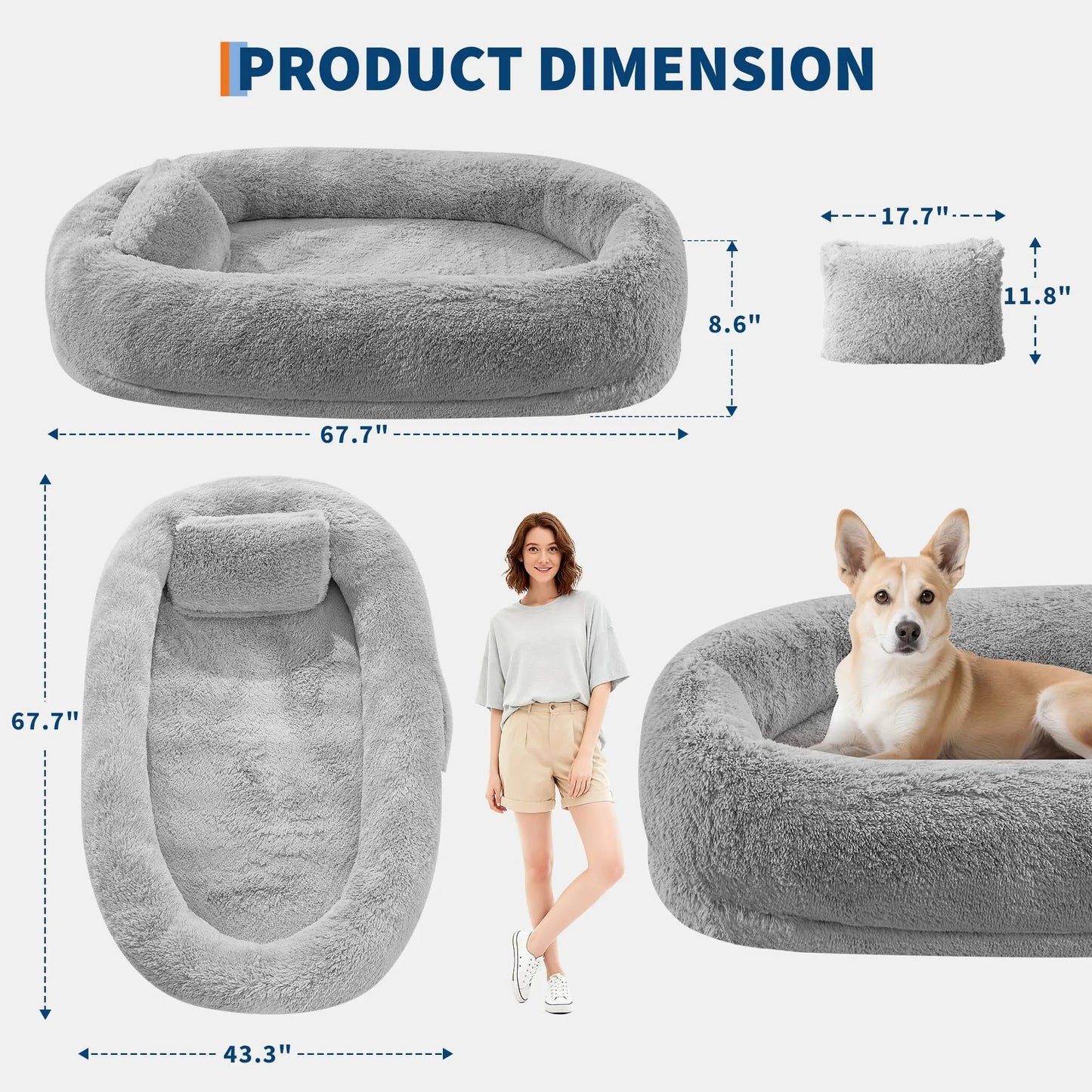 HiMISSCN Giant Orthopedic Faux Fur Human And Pet Dog Bed With Side Pocket