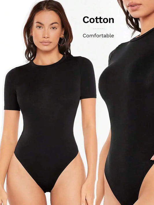 SHEIN BASICS Solid Form Fitted Bodysuit Simple Fashion Daily Casual Summer Outfit For Women