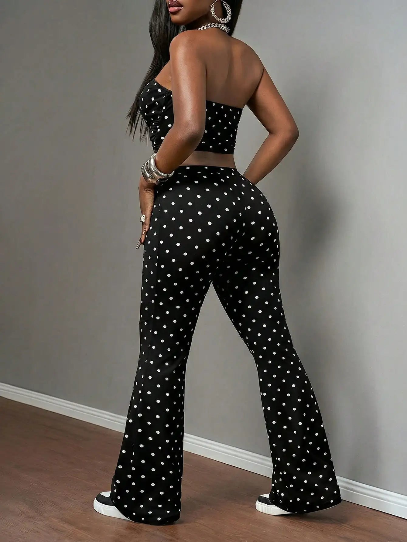 90s Retro White With Black Polka Dots Women Two Pieces Set Summer Vacation Bandeau Top and High Waisted Flared Pant Casual Outfits for Party Club Daily Wear
