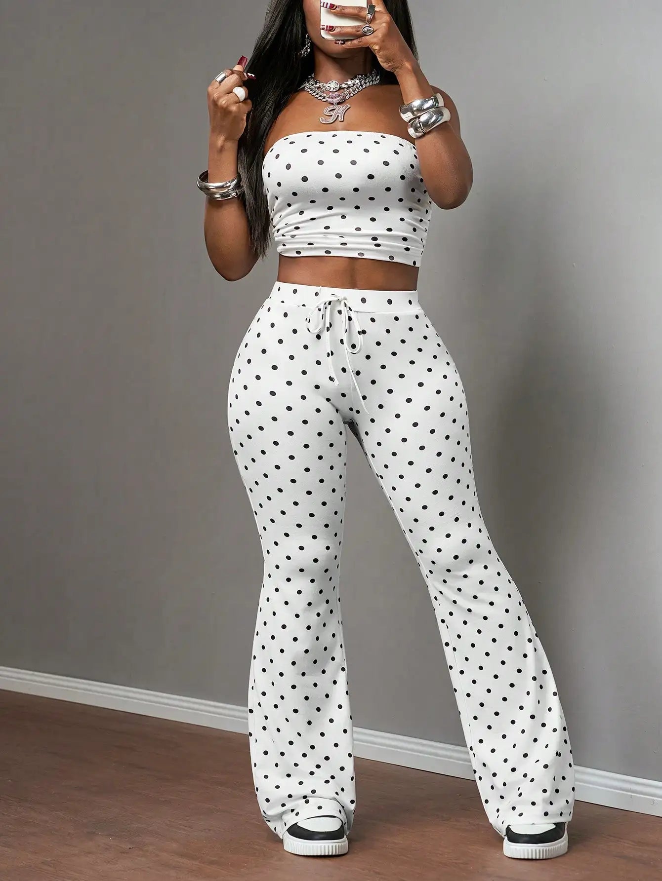 90s Retro White With Black Polka Dots Women Two Pieces Set Summer Vacation Bandeau Top and High Waisted Flared Pant Casual Outfits for Party Club Daily Wear