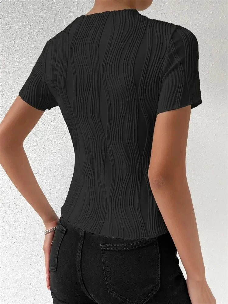 Women Short Sleeve T-shirt Round Neck Short Sleeve Y2K Casual Slim Rib Knit Fabric Spring Summer Daily Street