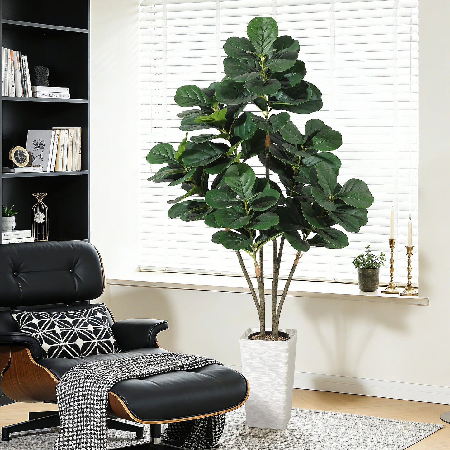 Artificial Fiddle Leaf Tree,Faux Plant Fake Ficus Lyrata Silk Trees with White Planter,Artificial Fig Trees Floor Plants