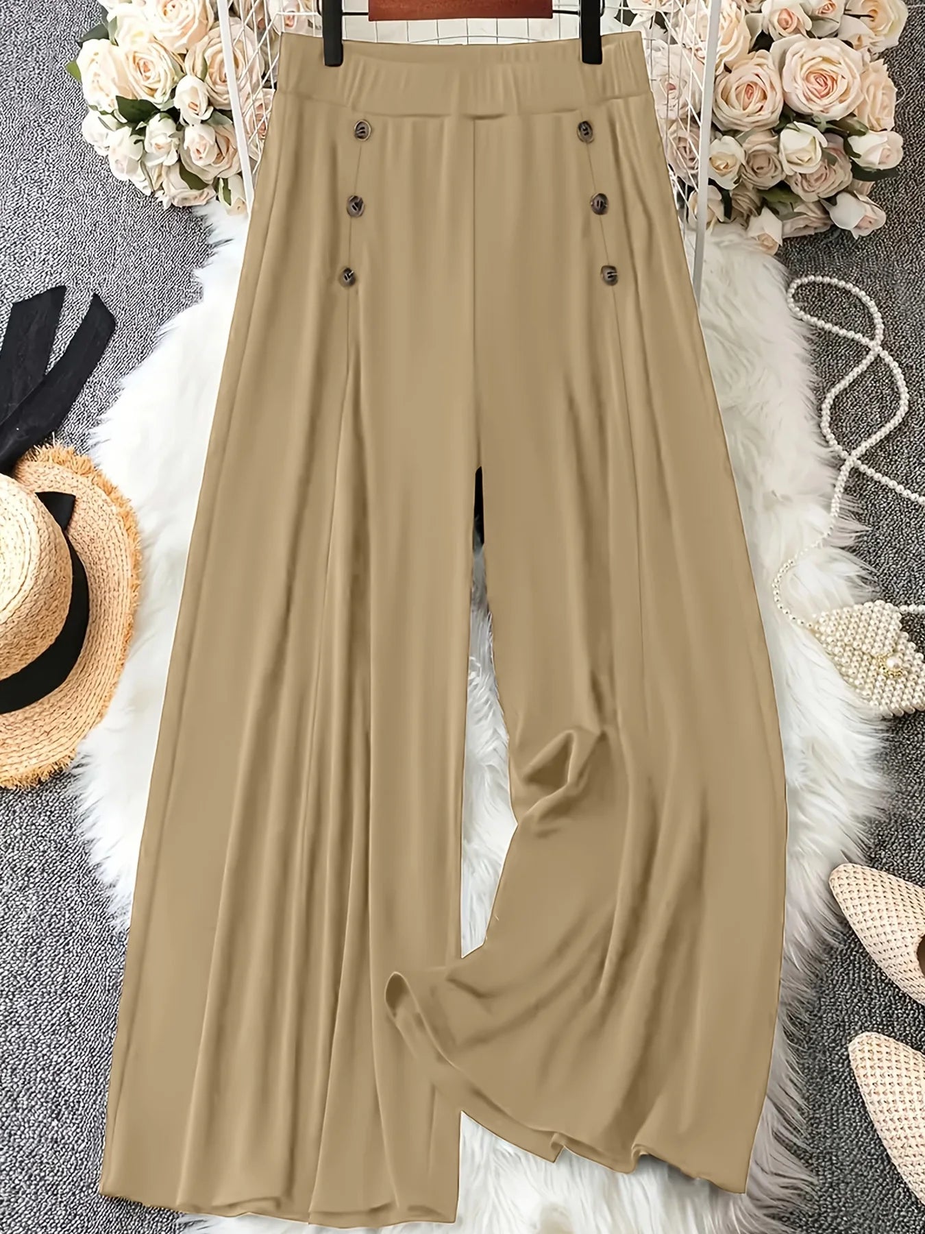 Wide Leg Pants Loose Daily Fashion Solid Color Decorative Button High Waist All Season Women Casual Trousers