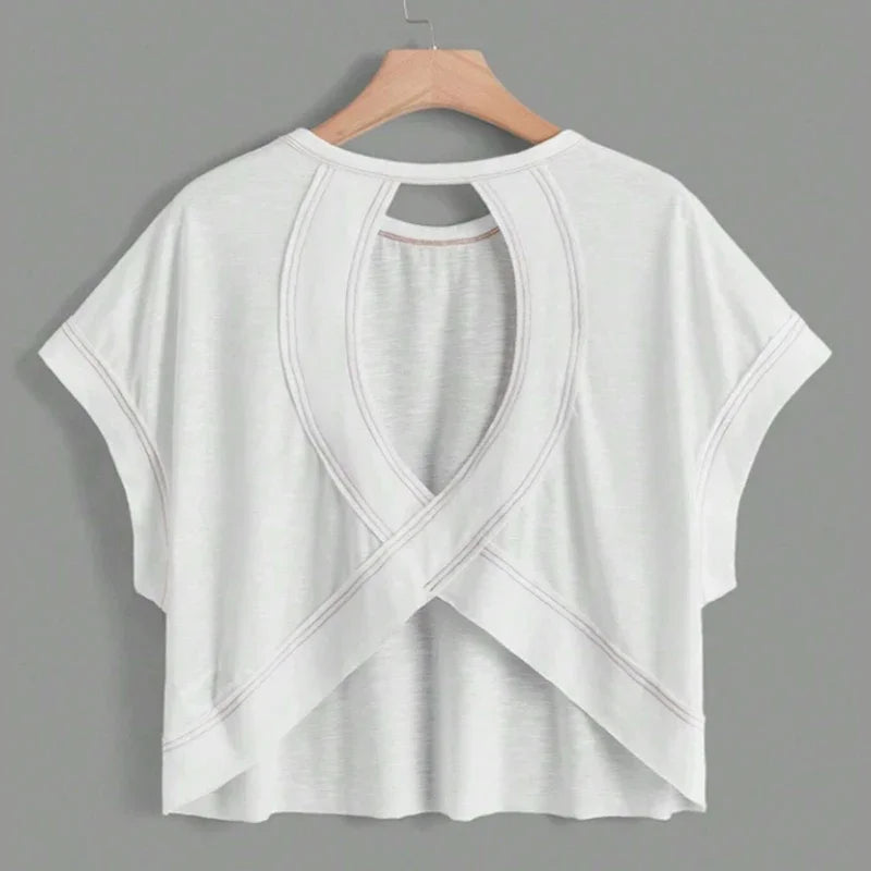2024 New White Short Sleeve Loose Tees Women's Solid Color Round Neck Summer Y2k Sexy Backless Korean Fashion Clothes T-shirt