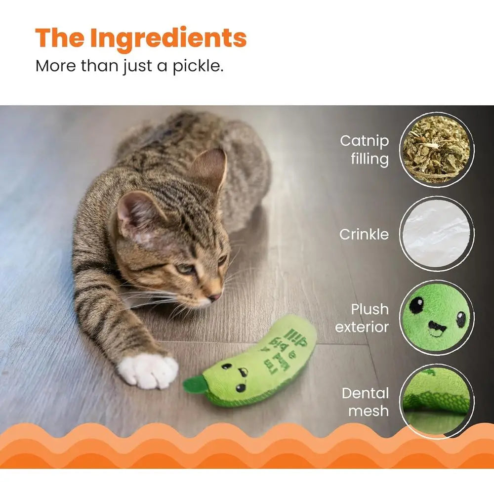Crunchy Pickle Kicker Cat Toy – Plush Crinkle with Catnip and Dental Mesh, 6.5
