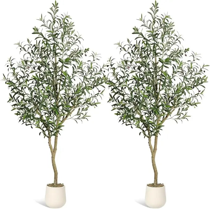 Olive Trees Artificial Indoor, 5-7ft Tall Faux Silk Plant - Fake Potted Tree with White Planter, Artificial Plants for Home Offi