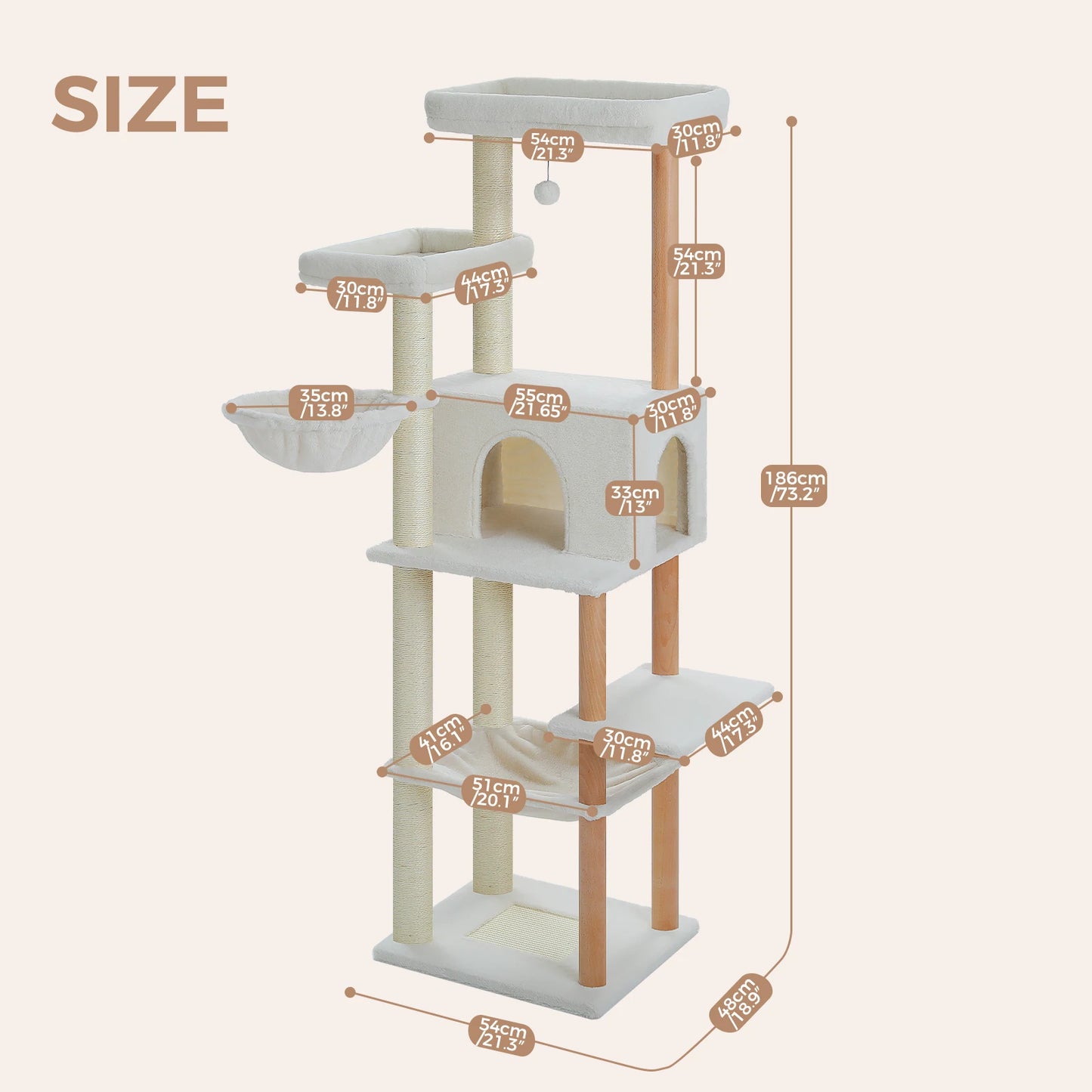 Multi-Level Cat Tree for Indoor Cats Tall Wooden Cat Tower with Sisal Scratching Post Spacious Hammocks Large Cat Condo Cat Toys