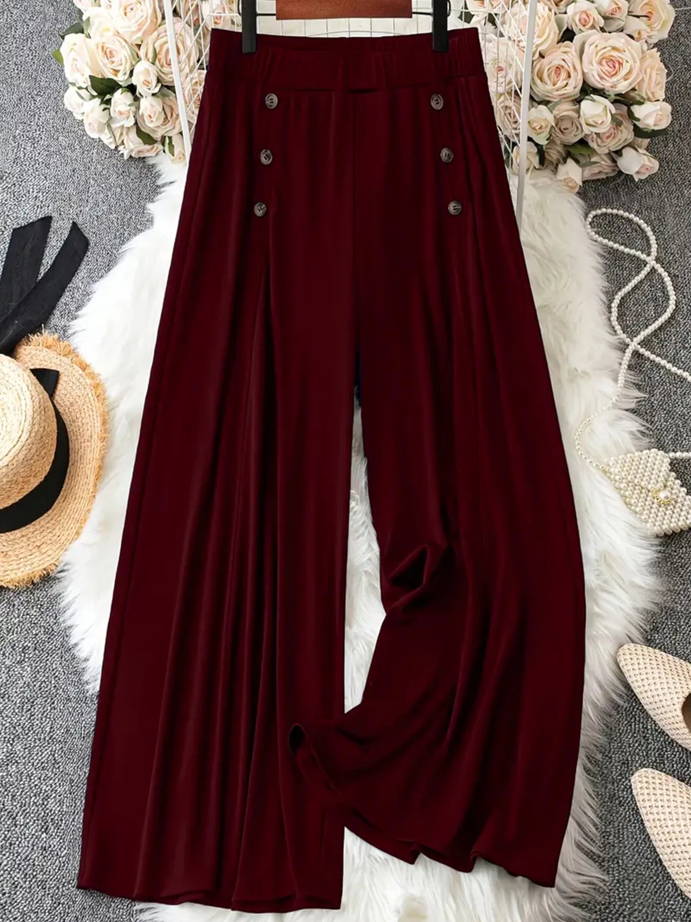 Wide Leg Pants Loose Daily Fashion Solid Color Decorative Button High Waist All Season Women Casual Trousers