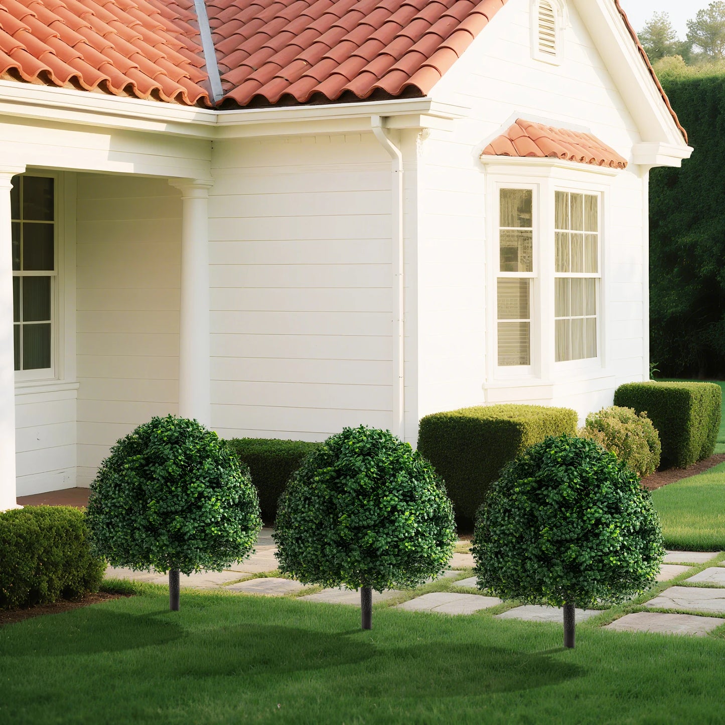 2PCS 28" Artificial Boxwood Topiary Ball Tree Set w/ Ground Spike Sun-Protective