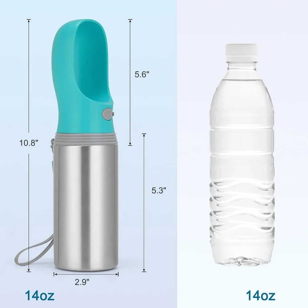 Portable Dog Water Bottle, 14 oz, Stainless Steel Leak Proof Pet Water Dispenser with Drinking Bowl for Travel, Walking, Hiking