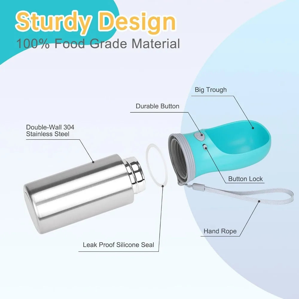 Portable Dog Water Bottle, 14 oz, Stainless Steel Leak Proof Pet Water Dispenser with Drinking Bowl for Travel, Walking, Hiking