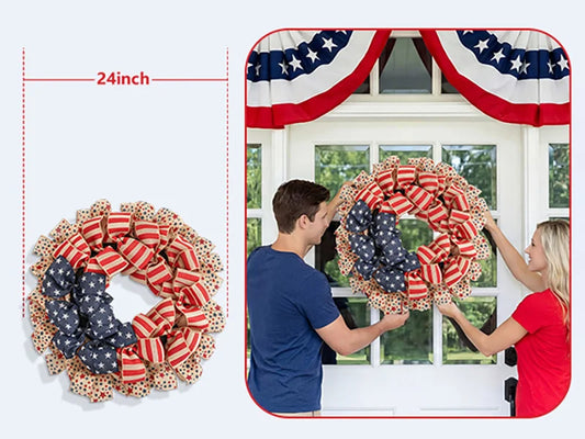 4th of July Wreath Red White Blue Patriotic Wreaths for Front Door, Memorial & Independence Day Decorations, Americana Decor for Porch Wall Window Outdoor