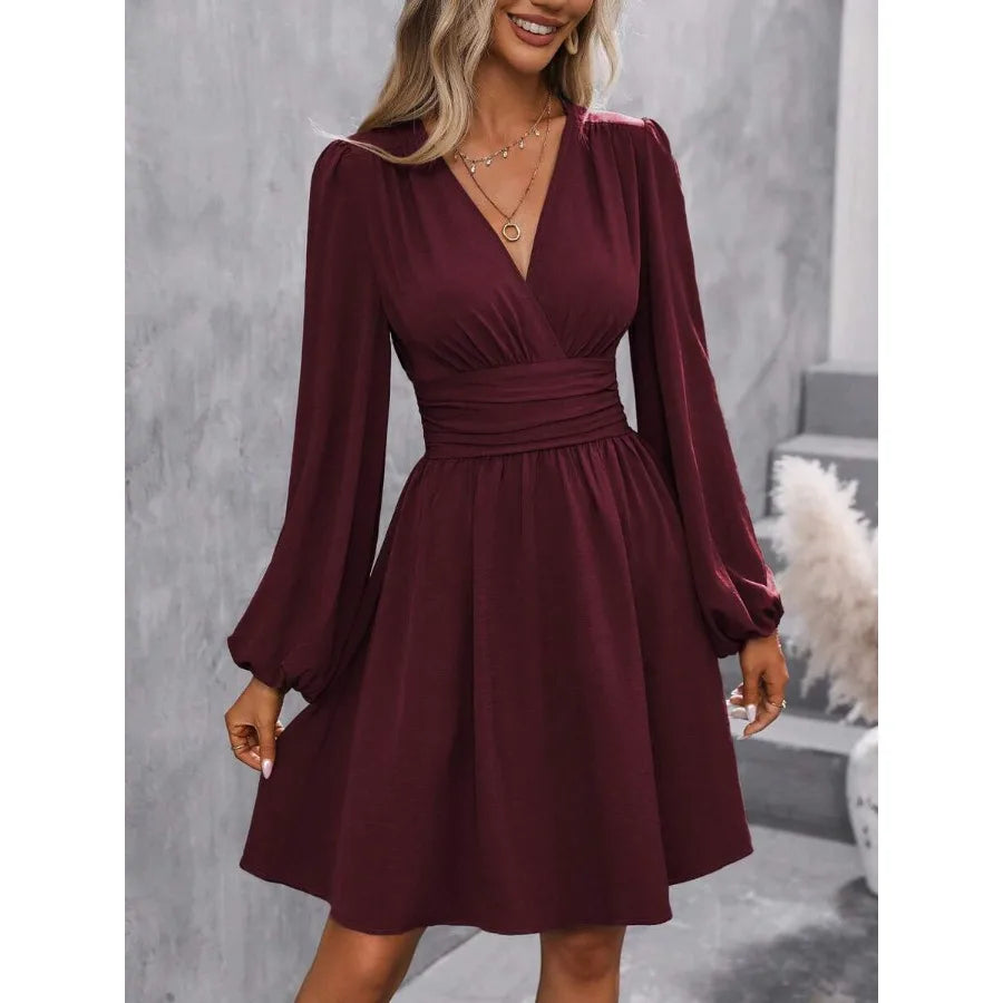 Surplice Neck Lantern Sleeve Ruched Waist Dress Fall Cloth For Women summer Dress
