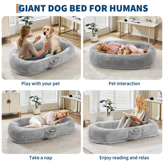 HiMISSCN Giant Orthopedic Faux Fur Human And Pet Dog Bed With Side Pocket