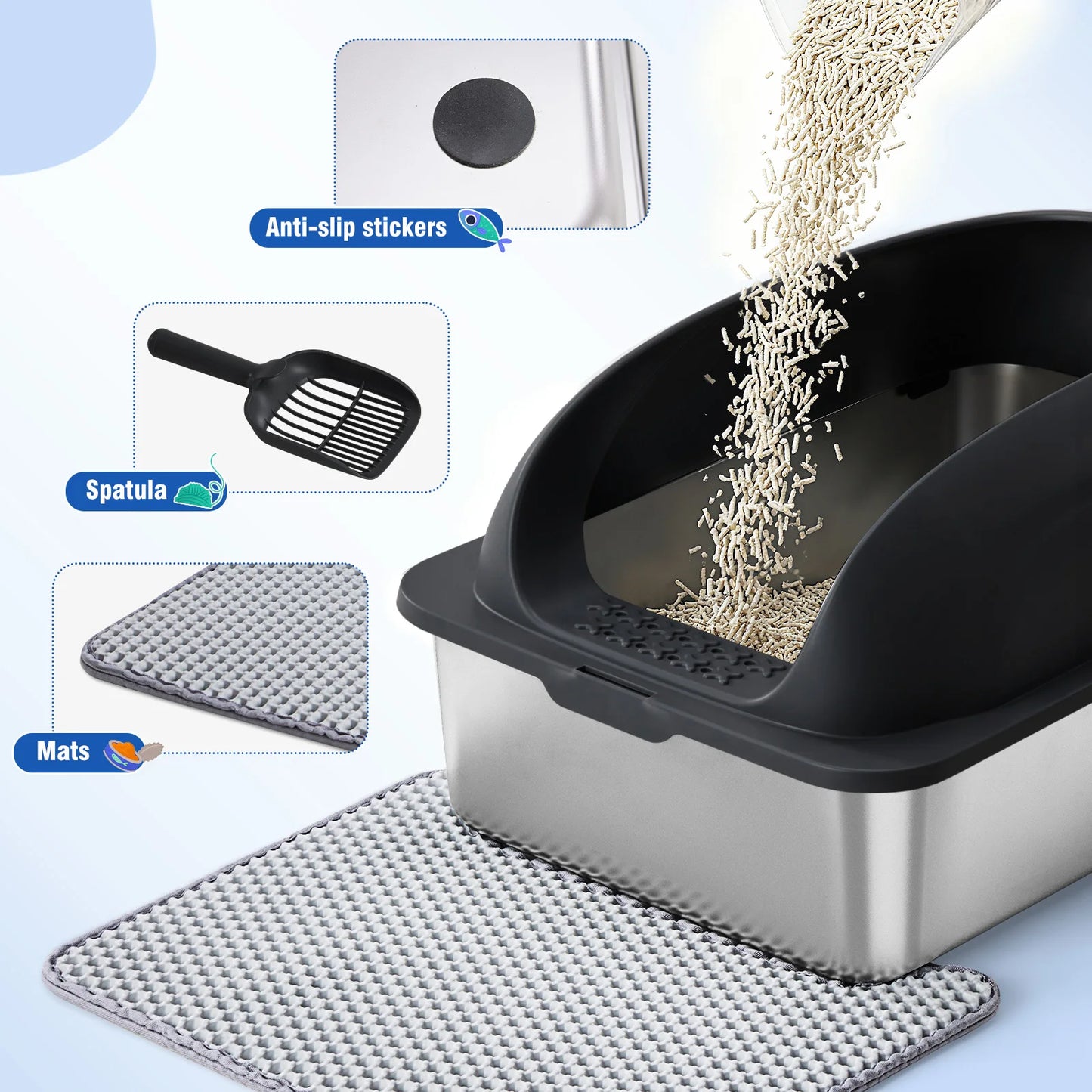 JHK Stainless Steel Cat Litter Box With Lid And Mat