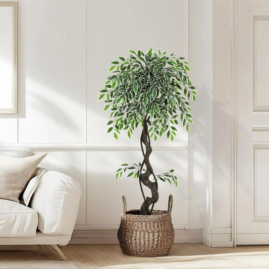 Artificial Ficus Tree Indoor Outdoor Fake Ficus Tree with Pebbles & Green Fake Moss, Pot Faux Tree for Office Home Decor