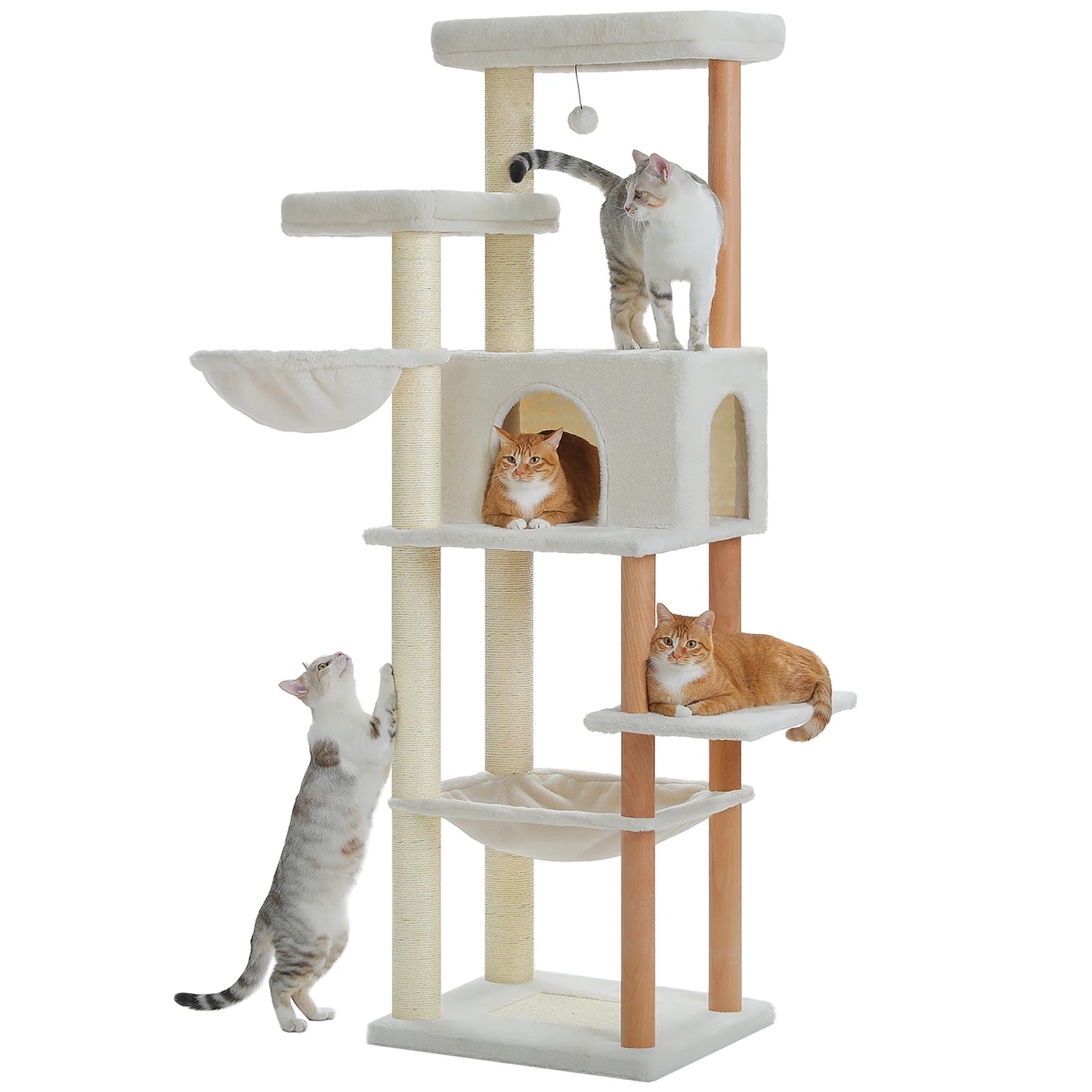 Multi-Level Cat Tree for Indoor Cats Tall Wooden Cat Tower with Sisal Scratching Post Spacious Hammocks Large Cat Condo Cat Toys