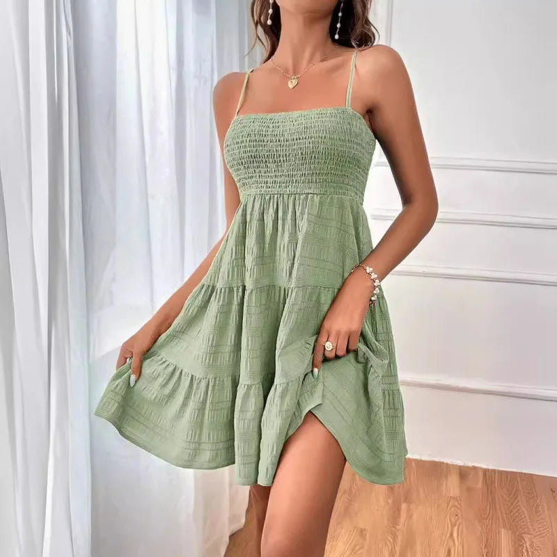 Tiered Swing Mini Dress Casual Floral Women Dress Spaghetti Strap Smocked Bust Ruffled Hem Beach Summer Vacation Outfit