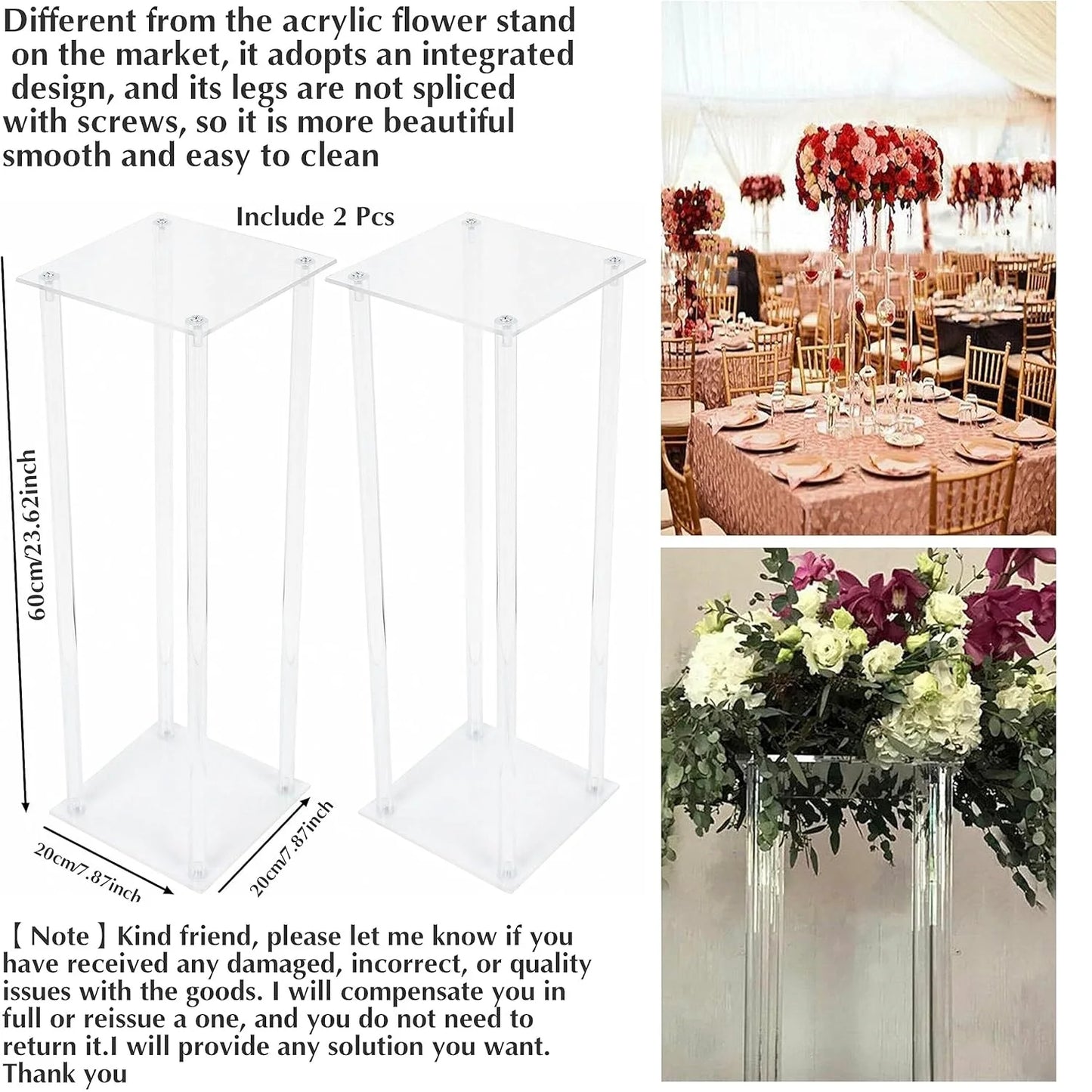 2 Pcs Flower Vase, 60cm Tall Column Clear Acrylic Stand for Party Wedding Table Bouquet Display Pillars Festival Geometric Decor
