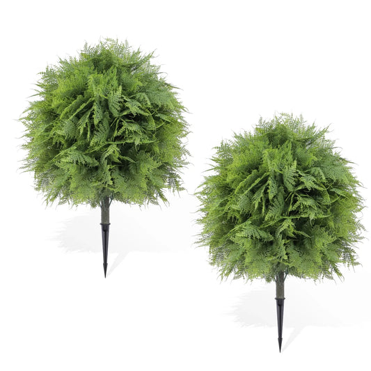 2 Pcs Artificial Fern Topiary Trees, Fake Ball Plants with Ground Stakes, UV Resistant Faux Greenery for Patio Garden Home Decor