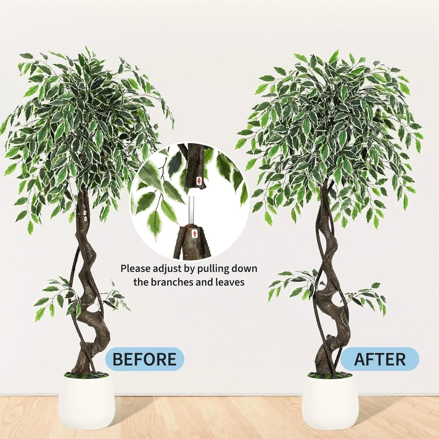 Artificial Ficus Tree Indoor Outdoor Fake Ficus Tree with Pebbles & Green Fake Moss, Pot Faux Tree for Office Home Decor