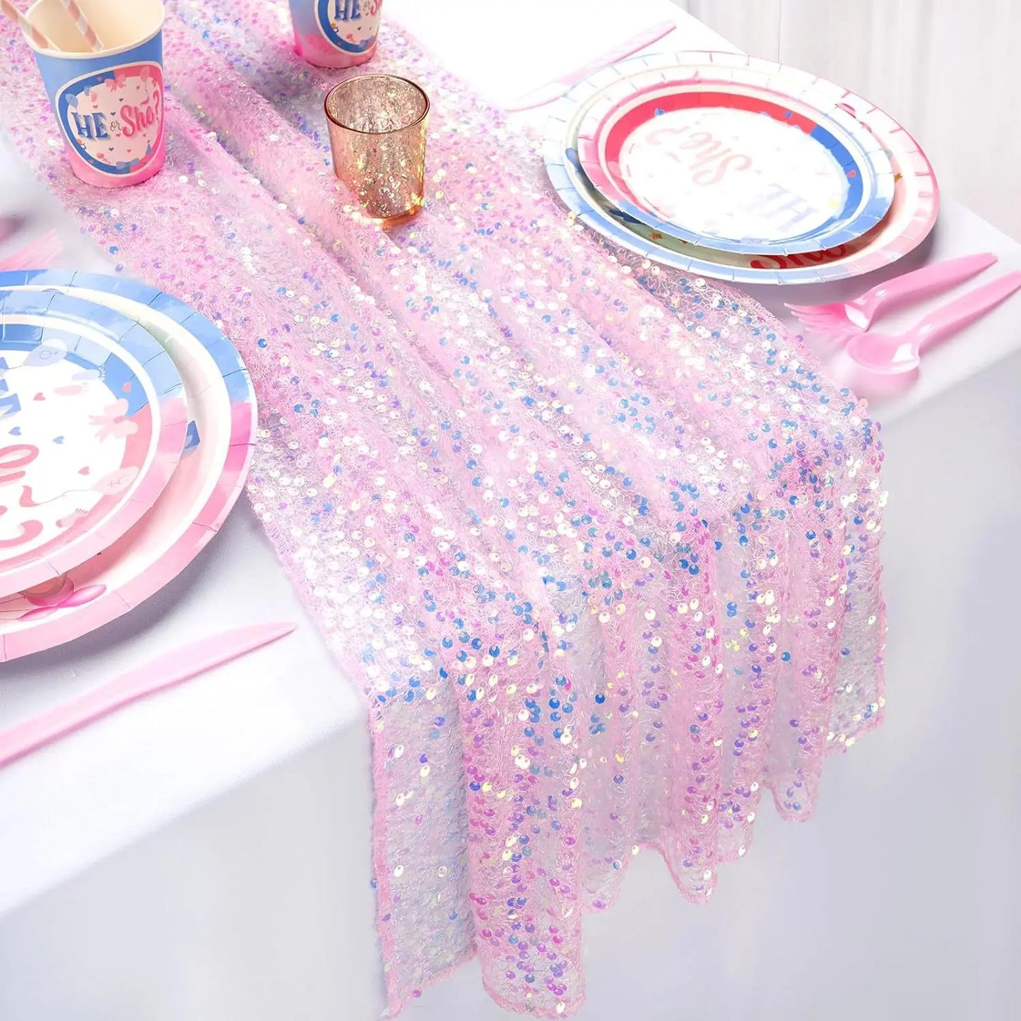 Glitter Iridescent Sequin Table Runner,Soft Wedding Dining Table Decoration For Bridal Baby Shower Girl Birthday Wedding Party