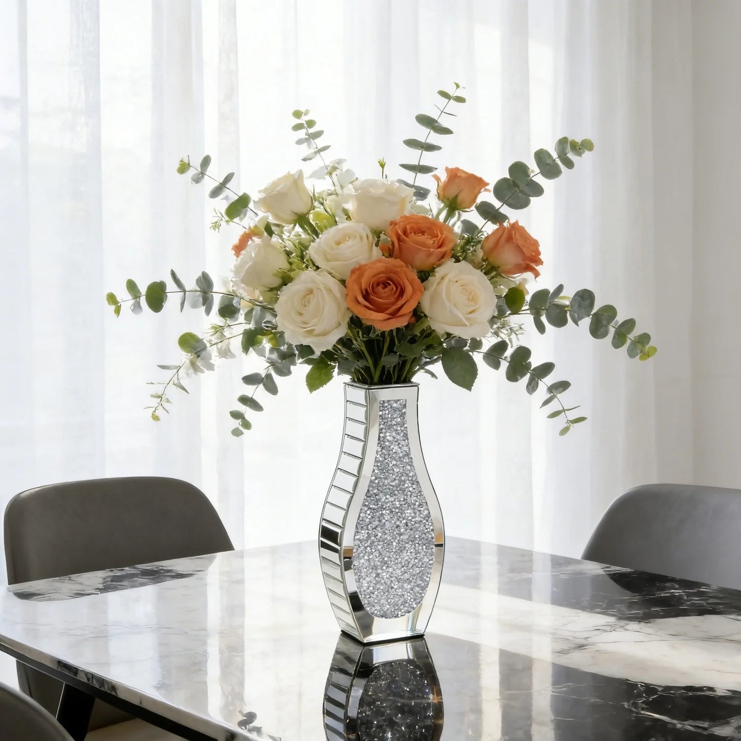 Modern Crushed Diamond Mirrored Flower Vase Glass Table Top Vase Crystal Decorative Mirror Vases Stunning for Home Decor