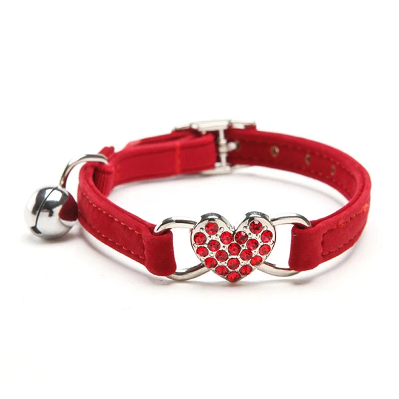 Heart Shaped Cat Collar With Bell Safety Elastic Adjustable Collar Soft Velvet Cat Crystal Collar For Kitten Puppy Pet Supplies