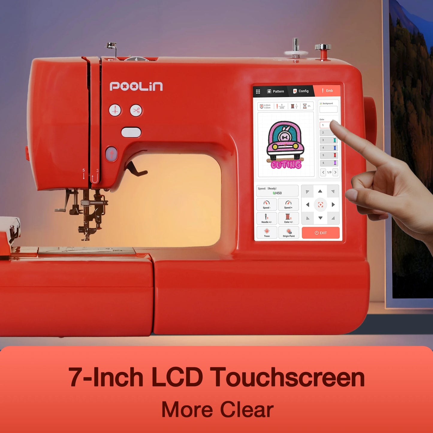 POOLIN EOC05-RE Computerized Embroidery Machine, Valentine’s Day Gift for Home DIY, with Threads, Bobbin & Stabilizer