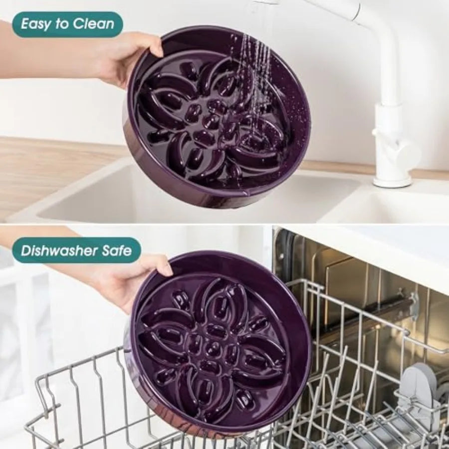Ceramic Slow Feeder Dog Bowls Puzzle Dog Food Bowls with Floral Maze Anti -Slip Pet Food Dish for Large Breed 3 Cups