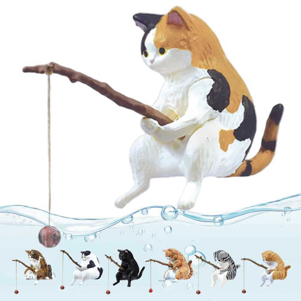 Cute Fishing Cat Figure Fish Landscaping Cartoon Cat Statue Sitting Fishing Little Cat Ornament Aquarium Decoration