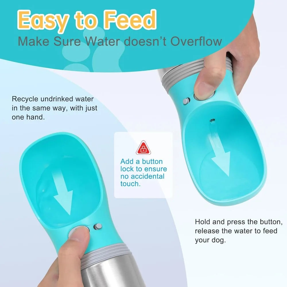 Portable Dog Water Bottle, 14 oz, Stainless Steel Leak Proof Pet Water Dispenser with Drinking Bowl for Travel, Walking, Hiking
