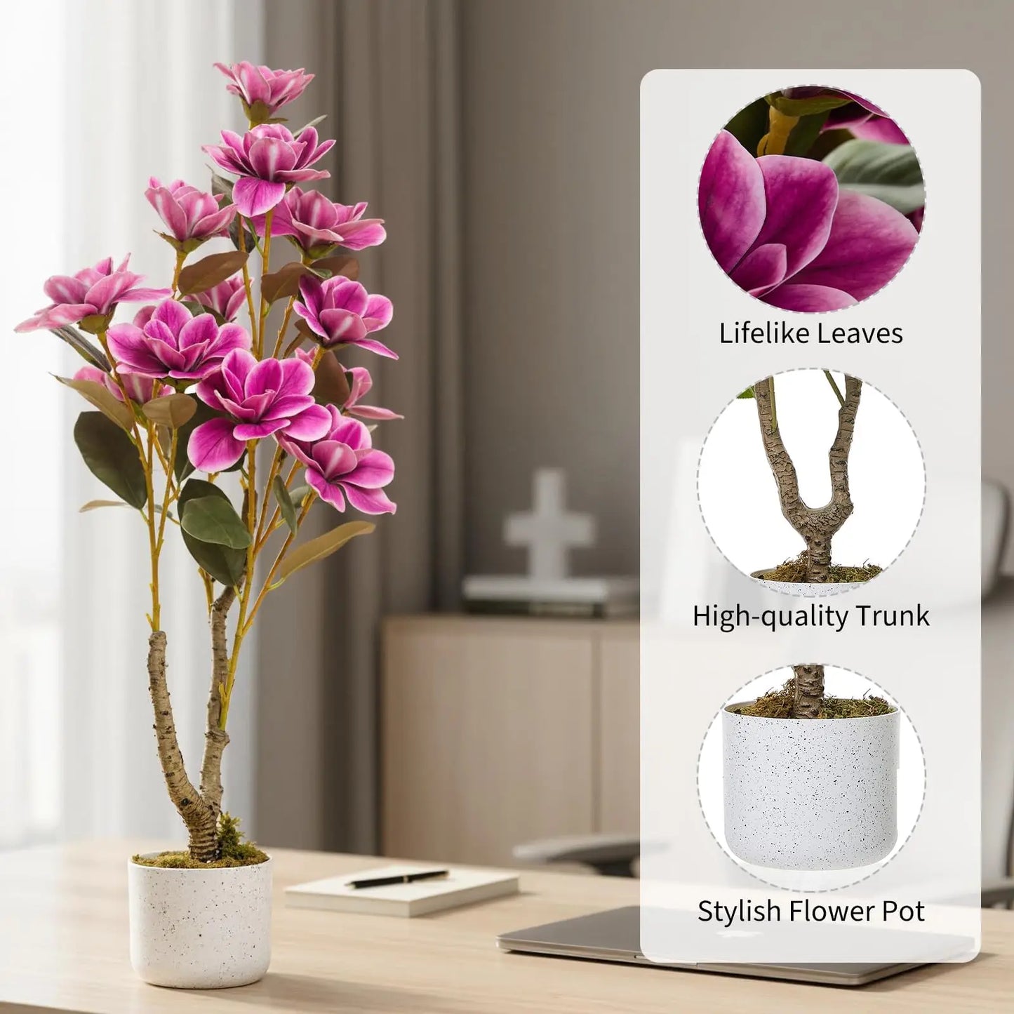 HiMISSCN Magnolia Tree In Planter Faux Floral Decor For Home