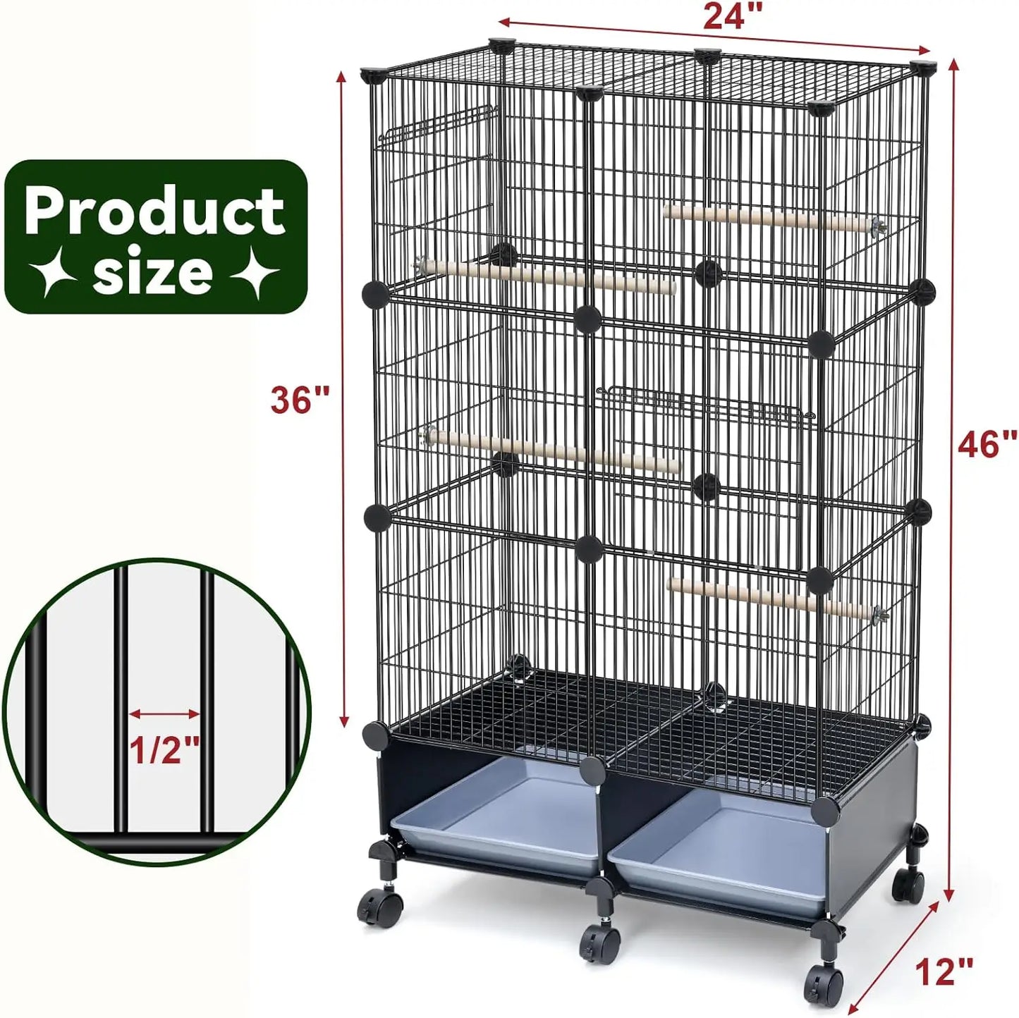 46-Inch Spacious Bird Cage with Wooden Perches, Slide-Out Tray, Water Bottle & Feeder for Parrots and Small Birds