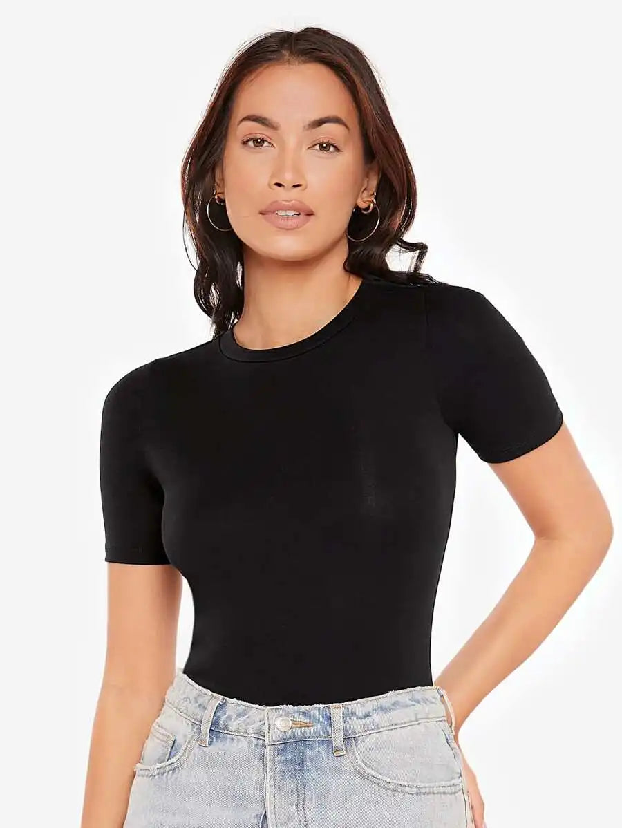 SHEIN BASICS Solid Form Fitted Bodysuit Simple Fashion Daily Casual Summer Outfit For Women