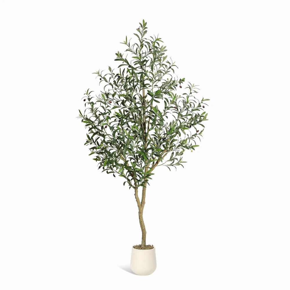 Olive Trees Artificial Indoor, 5-7ft Tall Faux Silk Plant - Fake Potted Tree with White Planter, Artificial Plants for Home Offi