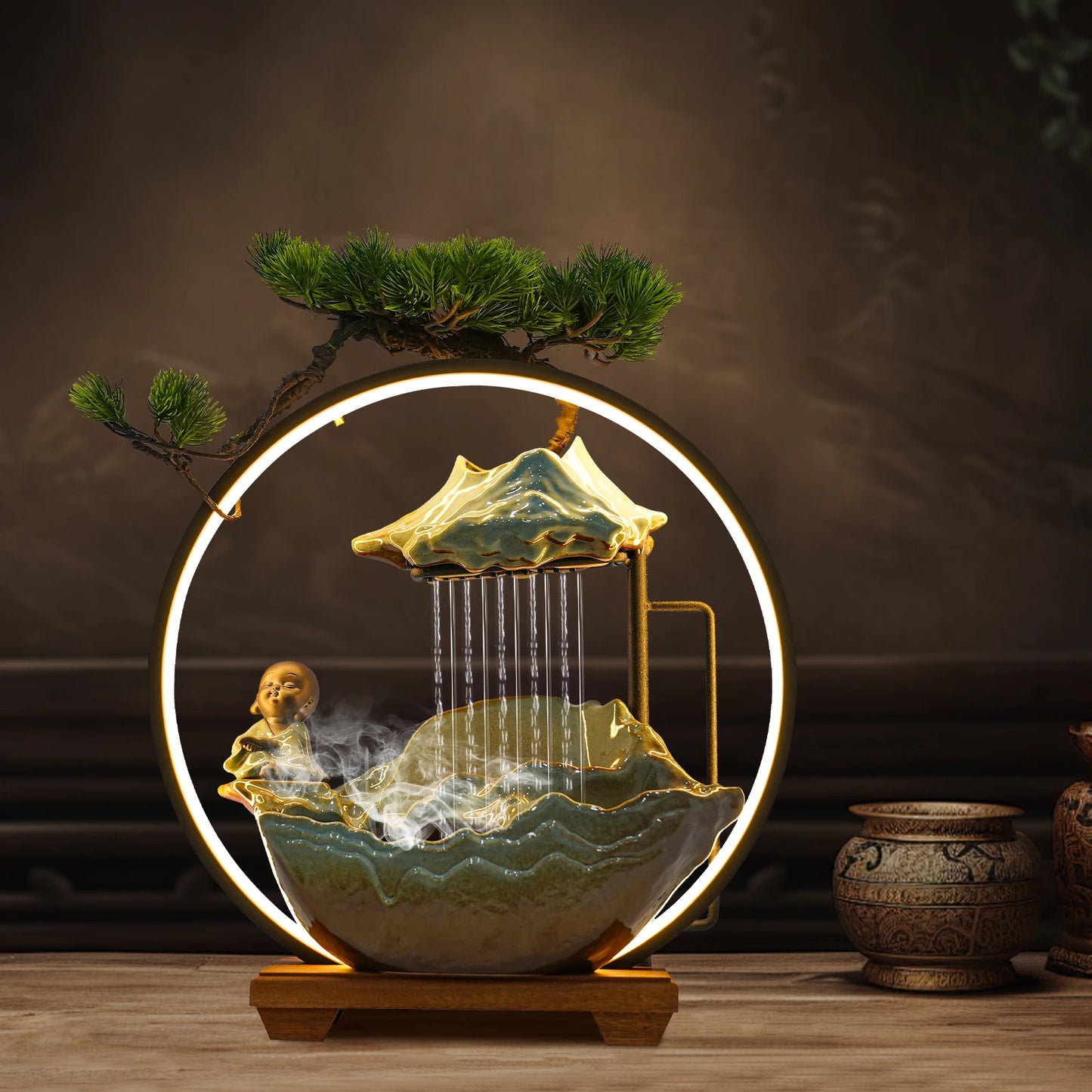 Ceramic Desktop Water Fountain With Poetry And Book Monk Decor
