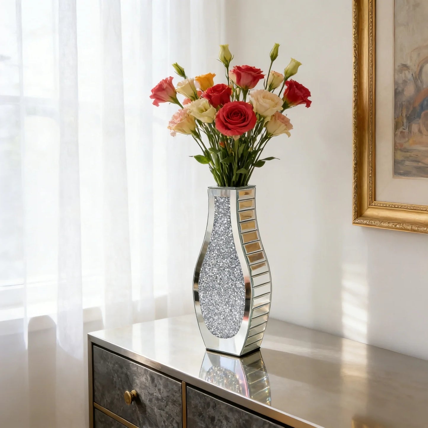 Modern Crushed Diamond Mirrored Flower Vase Glass Table Top Vase Crystal Decorative Mirror Vases Stunning for Home Decor